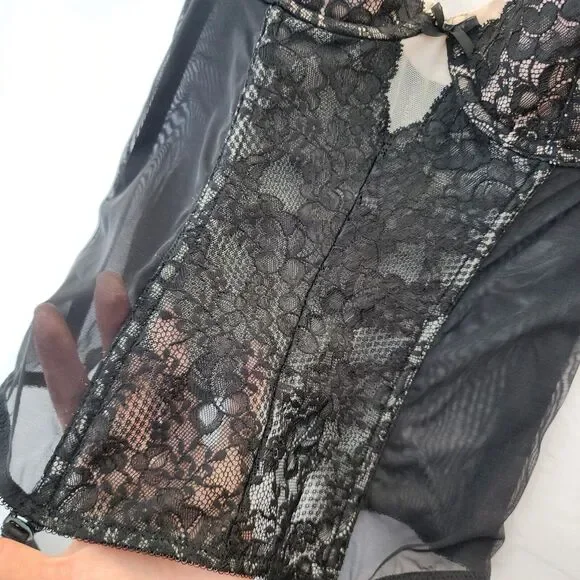 victoria’s Secret black Pink lace teddy lingerie 34B Corset Bustier Coquette Bow - Picture 4 of 11